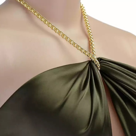 NEW Olive Silky Satin Wrap Chain Halter Crop Top - Picture 9 of 16
